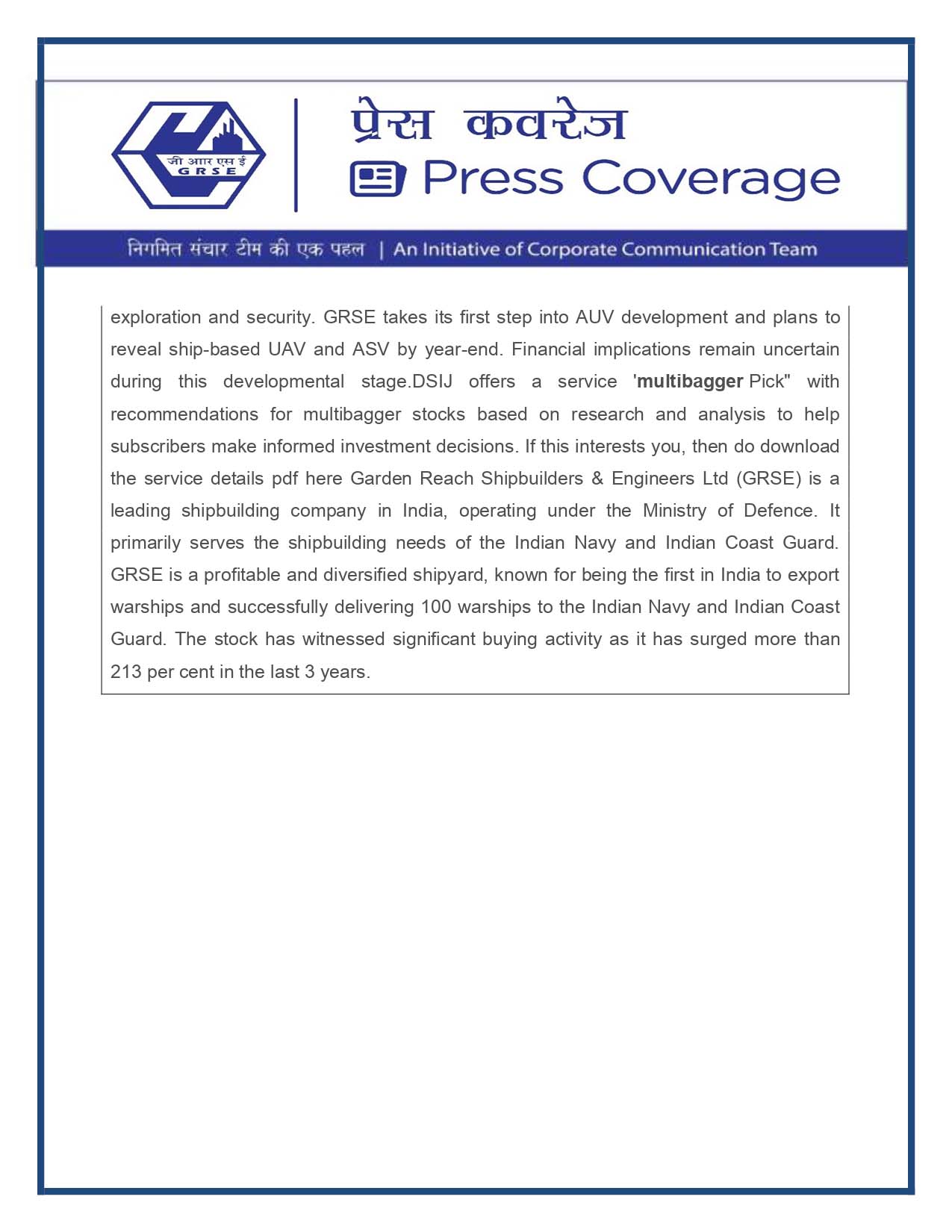 Press Coverage : Dalal Street Investment Journal, 28 Jul 23 : 213 per cent return : Multibagger aerospace & defence company launches Autonomous Underwater Vehicle